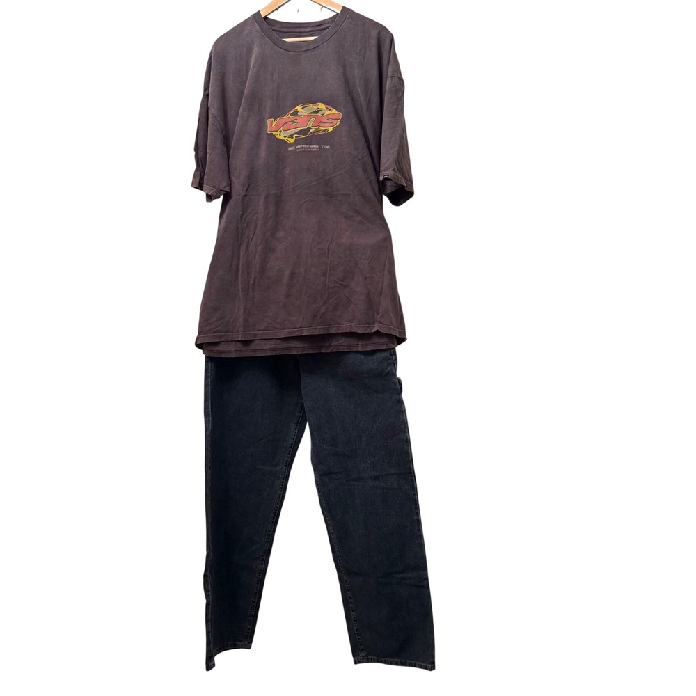 Vans Graphic T-Shirt & Lee Dungarees Carpenter Jeans Outfit Bundle Y2K Skater